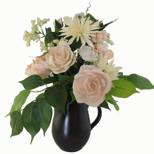 Pretty hand-crafted roses, chrysanthemums, peonies and sweet peas in blush and ivory in a lovely black jug.  Size: H65xW35cm  This piece is available with other flowers or custom shades - at original retail price, please contact us for a custom/bespoke quote.  Please note: Sale price is for pictured item (Floor model) - ONE ONLY