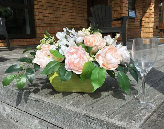 Gorgeous hand-crafted paper peonies, roses and sweet peas in a green trough.  Ideal for a hall or side take or main table centre piece.  Size: H27xW50cm  This piece is available with other flowers or custom shades, please contact us  for a custom/bespoke quote.  Please note: Sale price is for pictured item (Floor model) - ONE ONLY.