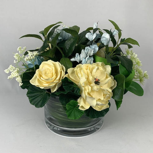 Beautiful genuine Krosno glass bowl filled with yellow and blue handcrafted paper flowers including peonies and sweet peas mixed with silk flowers and greenery. artificial floral arrangement NZ, faux flower, fake flower, Auckland