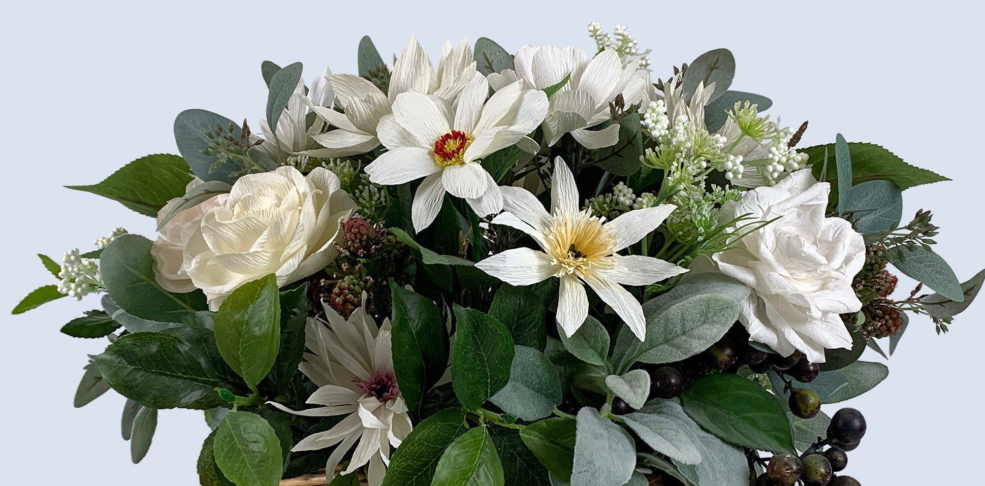 Country fresh basket of white & ivory handcrafted paper roses, daisies, raspberries, lamb's ear, black berries & Queen Anne's lace. Artificial Flower Arrangement NZ, Artificial Flowers, paper flowers, flowers, wedding flowers, floral arrangement, silk arrangement, silk flowers