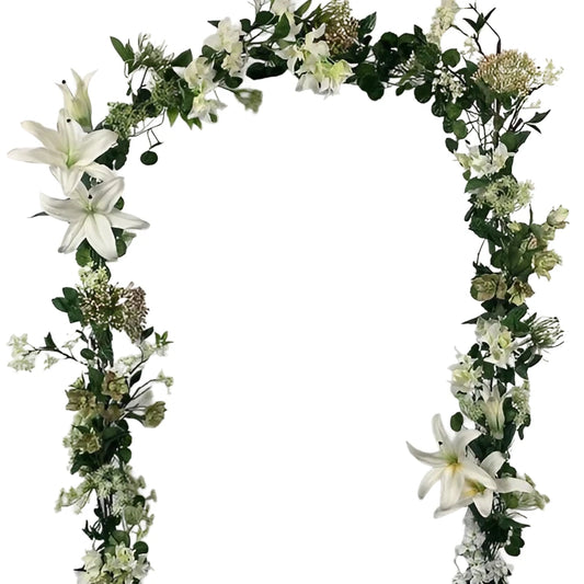 beautiful artificial white lily garland is a mix of artificial flowers of lilies, bougainvillea, hellebore, spider chrysanthemums, wild larkspur, sorbus, berries and Queen Anne lace.