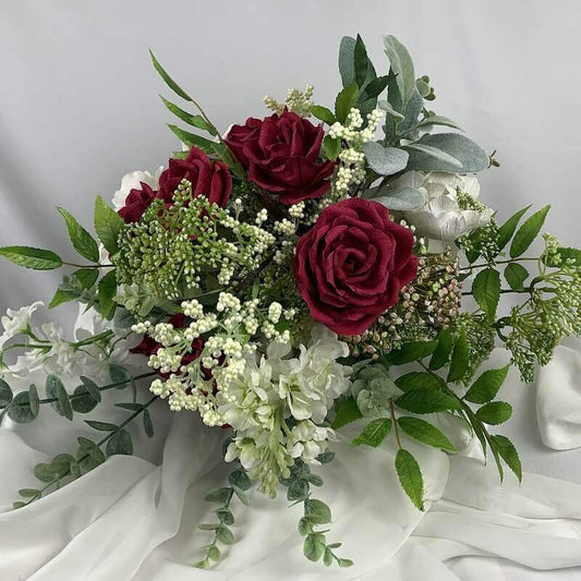 Gorgeous hand-crafted paper red roses with white peonies, larkspur, stock, sorbus, eucalyptus, Erica berry.  Size:  40cm  For this bouquet in a different colour, please contact us for a custom quote.