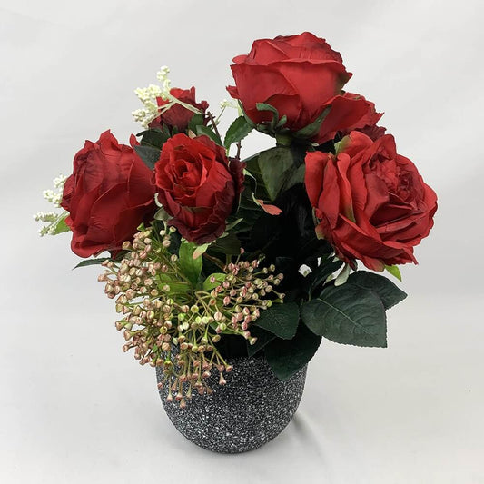 Stunning artificial flower arrangement of exquisite scarlet-hued artificial cabbage roses and Somerset half bloom roses, displayed in a black and white speckled ceramic vessel. Size: H31xW35cm. Atelier Blooms Auckland