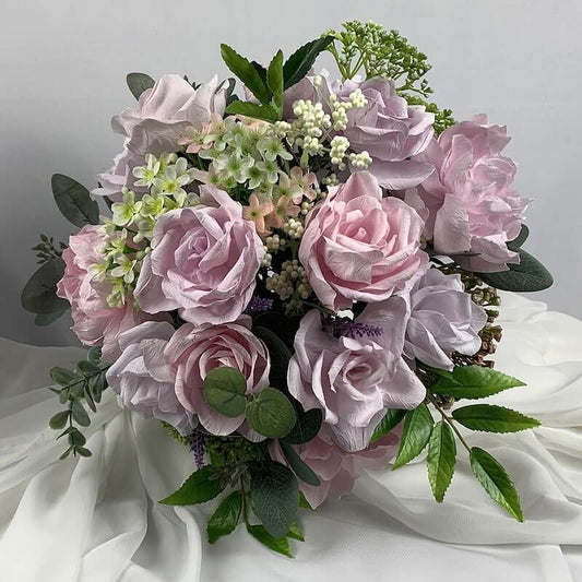 Artificial wedding posy or bouquet. Beautiful hand-crafted paper(faux) rose and peony wedding posy in shades of pink with Erica berry, lavender and sorbus. Size: 30cm Diameter Atelier Blooms Auckland