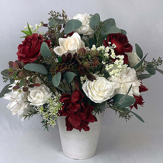 Gorgeous Cerise and Ivory rose with Ivory peonies in a stone fusion cone vase.  Size:  W40 x H40cm