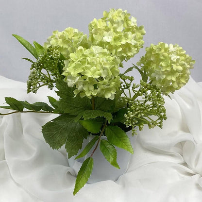 Gorgeous artificial green snowball hydrangea with lovely textural sorbus in a small round white vase. Perfectly for bathroom or side-table to add a little colour to a dull area.  Size: H25xW28CM