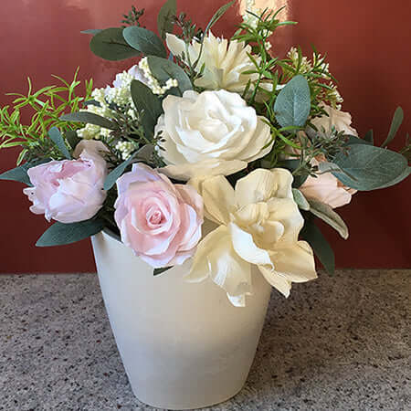A gorgeous mix of roses, chrysanthemums and peonies in a stone fusion vase.  Size:  H40 x W35cm  This piece is available with other flowers or custom shades, please contact us for a custom/bespoke quote.