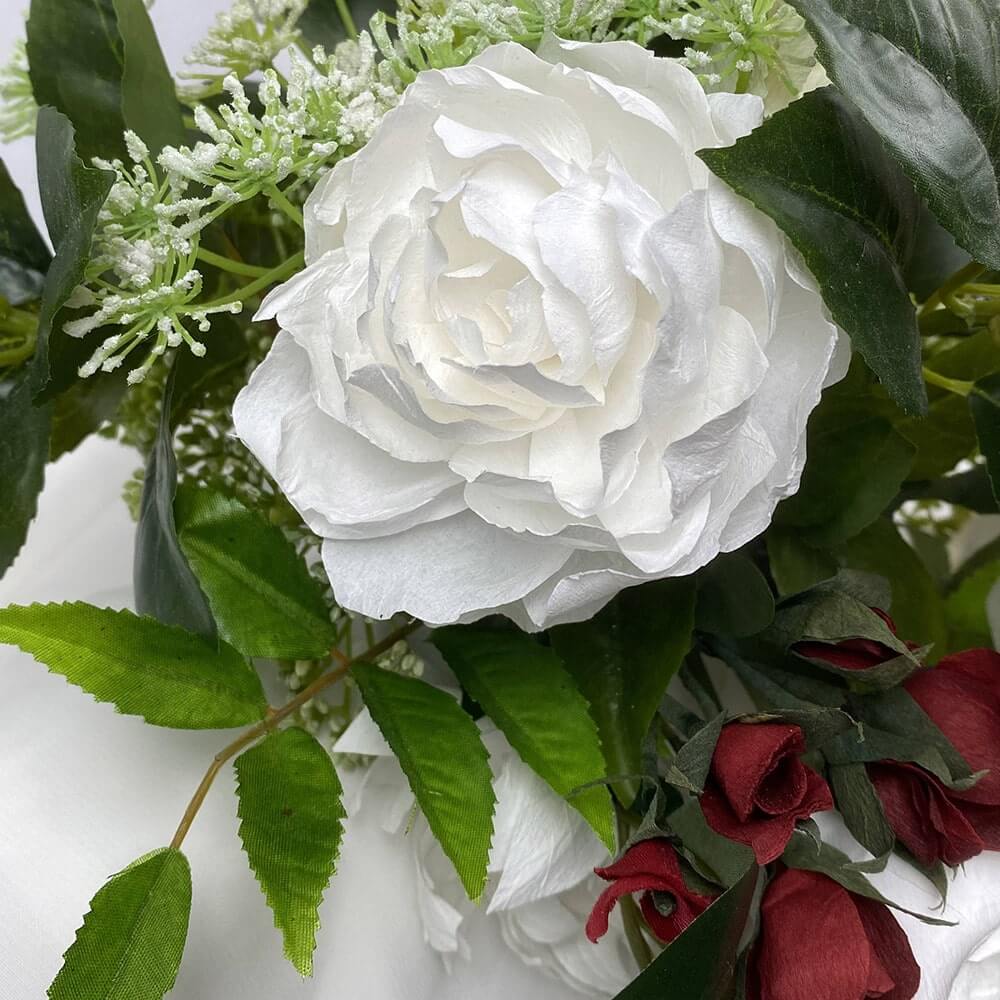 Beautiful hand-crafted paper peonies,  chrysanthemums, roses and artificial pohutukawa posy.  Size:  37Lx35Diameter  For this bouquet in a different colour, please contact us for a custom quote.