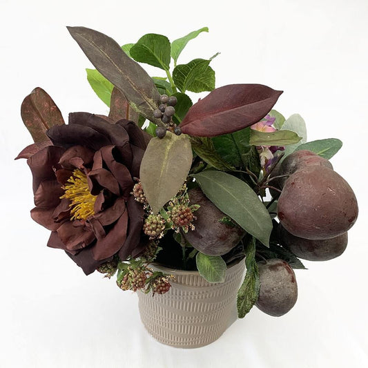 Purple hues with a stunning Burgundy Damask rose, plums, hydrangeas and rasberries.  Size: H30xH28cm  This piece is available with other flowers or custom shades, please contact us for a custom/bespoke quote.