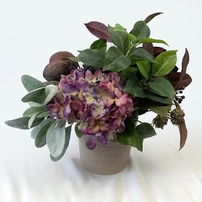 Purple hues with a stunning Burgundy Damask rose, plums, hydrangeas and rasberries.  Size: H30xH28cm  This piece is available with other flowers or custom shades, please contact us for a custom/bespoke quote.