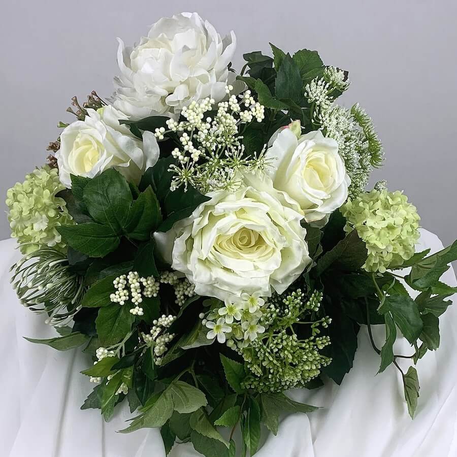 Romantic artificial wedding bouquet (silk) with ivory roses, peonies, mixed with artificial flora to create the finishing touches for your special day. artificial (silk) blush posy, bridesmaids, silk flower, faux flower, artificial flower arrangement NZ, 