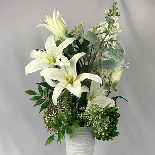 Artificial flowers with white lilies and lush greenery, in a white-on-white glass cone vase. A beautiful statement piece for your home! silk flowers, fake flowers,  artificial flower nz, Auckland