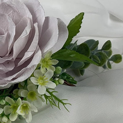 Elegant and understated single hand-crafted paper rose comb, with artificial flowers and eucalyptus will delight any bride with its subtle glamour. This accessory can be colour matched to your wedding colour theme and can be worn by both bride and bridesmaids. Atelier Blooms Auckland