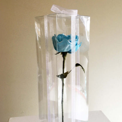 Beautiful long stemmed hand-crafted paper rose in clear box with a a lovely ribbon.  A little something different! Give the gift that never dies.  Size: 20cm